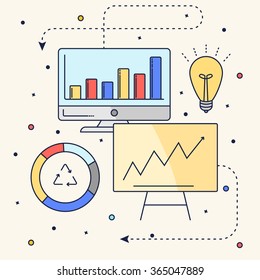 Set elements of infographics. Line art vector. Elements: computer, chart, light, idea, board with the trend
