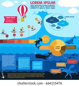 Set elements of infographics at sea subject. Ocean design with data icons and elements. Vector illustration in flat design.