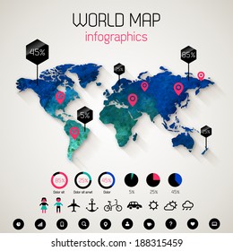 Set elements of infographics. Watercolor world map with shadow. Vector Illustration.