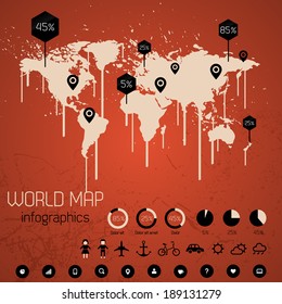 Set elements of infographics. World map drawn with paint. Drips. Vector Illustration.