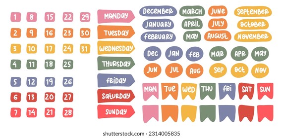 A set of elements with inscriptions of days of weeks full and abbreviated version. Icons of the days of the week. A set of calendar icons for every day of the week in a fashionable flat style