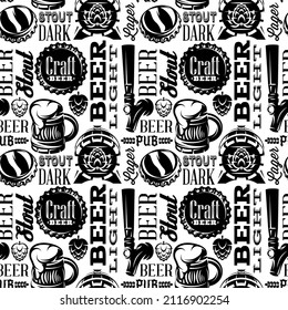 A set of elements and inscriptions on the theme of beer. Seamless background for packaging design. Monochrome vector illustration.