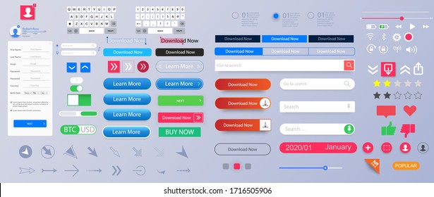 Set of elements for the interface. Universal UI/UX kit for app or web. Constructor for interfaces design. Colorful navigation long web button. Interface buttons. Web UI elements for browsers. Vector