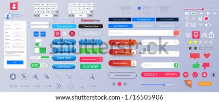 Set of elements for the interface. Universal UI/UX kit for app or web. Constructor for interfaces design. Colorful navigation long web button. Interface buttons. Web UI elements for browsers. Vector