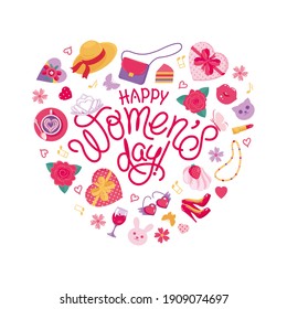 Set of elements for international women's day in heart with lettering. Vector illustration, poster, postcard, sticker, invitation, decoration, design element