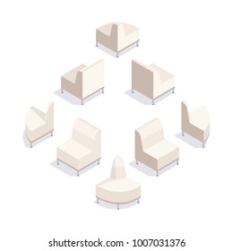 Set of elements of isometric sofa isolated on white background. 3d sofa view from the rear and from the front. Office furniture. Interior element of living room or office. Vector illustration.