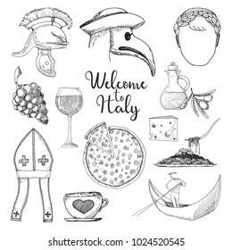 Set of elements of Italian culture. Welcome to Italy. Vector illustration in sketch style.