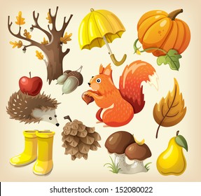 Set of elements and items that represent autumn