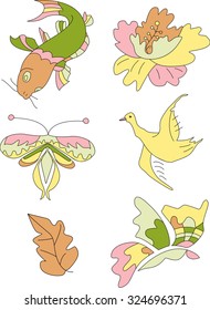 Set of elements in japanese style: carp, butterflies, lotus, leaf, bird.