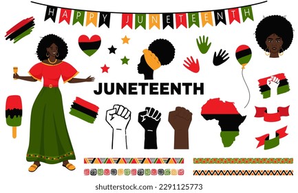 Set Of Elements For Juneteenth National Independence Day. African American History, Freedom Day Signs, Symbols. A Woman, A Clenched Fist, A Silhouette Of Africa. Vector Illustration Isolated On White.