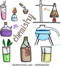 set of elements of laboratory equipment chemical dishes flasks pipettes test tubes of the beaker