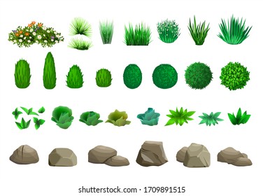 Set of elements for landscape design in isometric schemes. Vector graphics. Bushes, trees, rocks