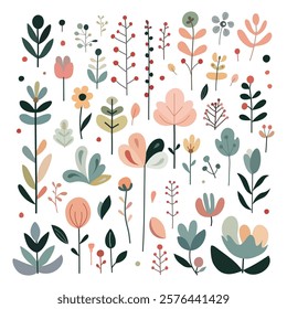 Set of elements from leaves, branches and flowers, flat, isolated, vector illustration, design