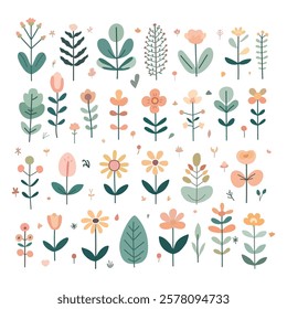 Set of elements from leaves, branches and flowers, flat, isolated, vector illustration, design