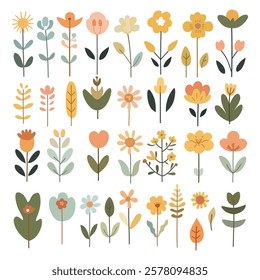 Set of elements from leaves, branches and flowers, flat, isolated, vector illustration, design