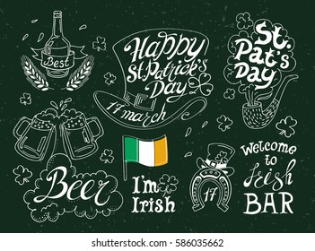 Set of elements and lettering for St. Patrick's Day, which can be use in the design of advertising materials: booklet, menu, flyer, poster, invitation