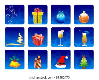 conjunto de elementos como la caja de regalos coloridos, estrellas colgantes, Santa gorra, bolas y árboles creativos de Navidad, velas, campanas de jingle y copas de cristal en el fondo del círculo azul para todas las ocasiones.