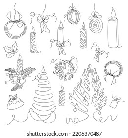 A set of elements in a linear style on the theme of winter-Christmas trees, balloons, ornaments, a wreath, candles. Vector drawings by hand, isolated on a white background. Christmas jewelry set.