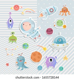Set of elements. A little astronaut floating around in open space, among stars, planets, funny monsters and comets. 