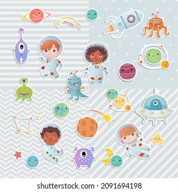 Set of elements. Little astronauts, boy and girl,   floating around in open space, among stars, planets, funny monsters and comets. Digital scrapbooking.
