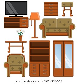 A set of elements of the living room. Isolated on white background. Vector illustration.