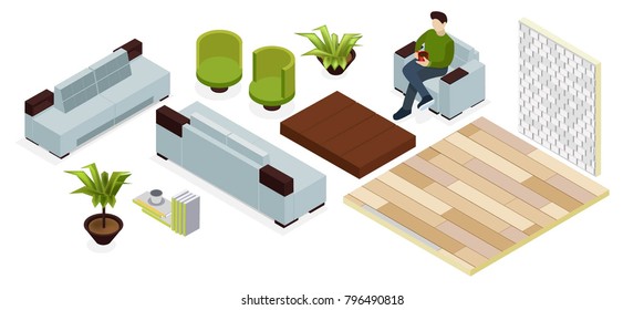 un conjunto de elementos para el salón en isométrico. Un sofá claro, un sillón con café, una mesa, flores, una pared y un parqué, libros y una taza