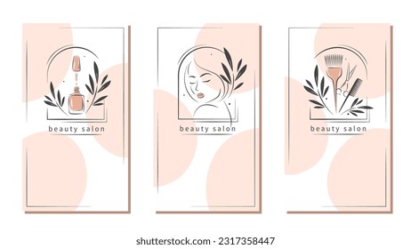 Set of elements and logos for beauty salon. Nail polish,  beautiful woman face, eyelash extension, makeup, hairdressing. Vector illustrations