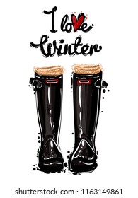 Set of elements: I love and black winter hunter boots. Sketch for decoration seasonal celebration, greeting card or banner. Hand drawn symbols on white backdrop.