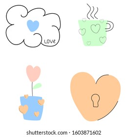 Set of elements for love. Cloud with little blue heart and word love, pot with flower heart, cup and heart with keyhole. Vector illustration for design.