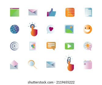 Conjunto de elementos para aplicaciones de correo y web: globo, navegador, mensaje, sobre, documento, botón de presión manual y clip, tabla, calendario, idea, imagen, video, emoji, lupa. Ilustración vectorial plana