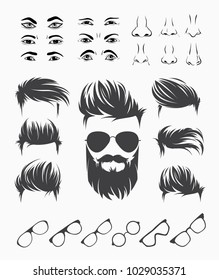 set elements of male human face with beard hirestyle