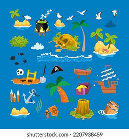 Conjunto de elementos para mapas, cartas y escenas con piratas, aventuras marítimas. Islas, palmeras, pájaros y árboles, tesoros. Objetos aislados para juegos, afiches. Ilustración vectorial.