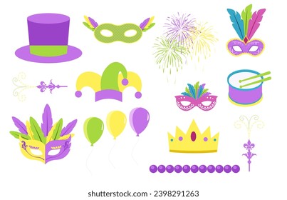 set of elements for the Mardi gras carnival party. Fat Tuesday, carnival. Vector illustration. flat design