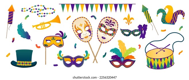 Set elements for Mardi Gras party design. Traditional masquerade items. Fat tuesday, carnival, festival. Greeting card, banner, poster. Gradient flat vector illustration