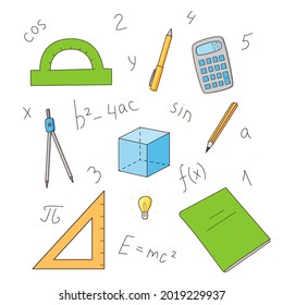 A set of elements of mathematics and physics. Formulas and objects. Colored isolated illustrations in cartoon style on a white background.