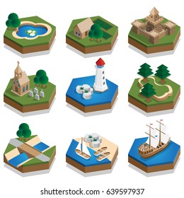 A set of elements of a medieval landscape. Isometric. Vector illustration.