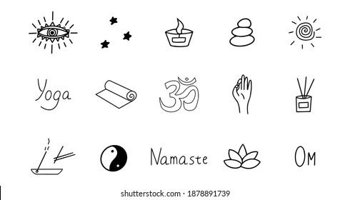 Set Of Elements For Meditation And Yoga. Black And White Hand Drawn Doodle Icon. Vector Isolated Symbol Illustration