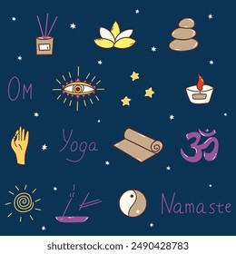 Set of elements for meditation and yoga. Colorful vector hand drawn doodle illustration on blue background. Icon group, zen and calm. In yang and third eye, spa stones and lotus flower, candle