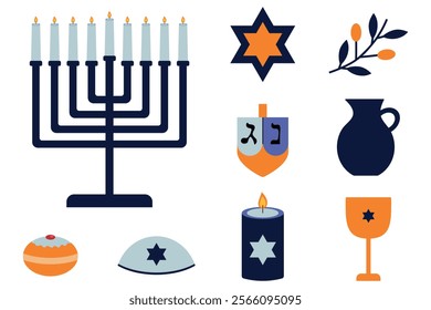 Set of elements Menorah, kippah, candles, dreidel, jug, star of David, olive branch, donut. Set of icons for Hanukkah. Vector illustration.	