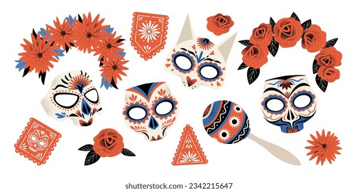 Set of elements for the Mexican Day of the Dead. Decorated skulls, wreaths, maracas and picados. Vector illustration in flat style