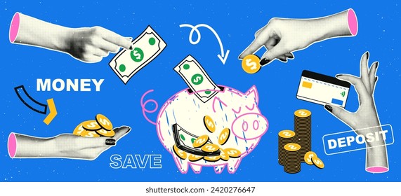 Set of elements with money in retro collage style. Hands with a halftone effect are holding a bill, coins, a credit card, putting money in a piggy bank. Trendy vector illustration.