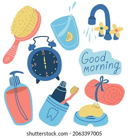 A set of elements morning hygiene and human routine