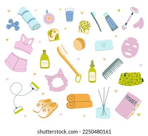 A set of elements of the morning routine. Face mask, comb, massager, soap, slippers, breakfast, cup of tea, sportswear, dumbbell, yoga mat. The concept of self-care and a good start to the day.