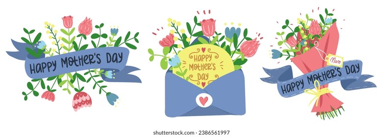 Set of elements for Mother's Day with a bouquet of flowers, a ribbon, an envelope in a flat style. Cartoon isolated illustration of flowers, inscription Happy Mother's Day. Greeting card with flowers