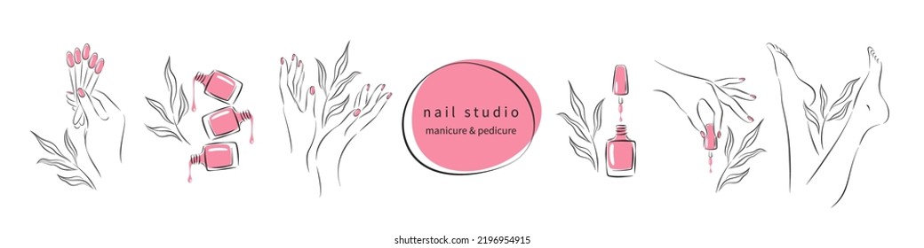 Set of elements for nail studio. Nail polish, nail brush, manicured female hands and legs. Vector illustrations