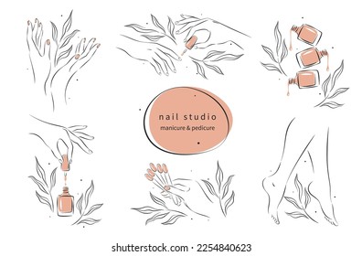 Set of elements for nail studio. Nail polish, nail brush, manicured female hands and legs. Vector illustrations