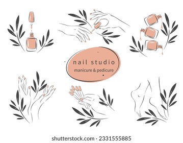 Set of elements for nail studio. Nail polish, nail brush, manicured female hands and legs. Vector illustrations