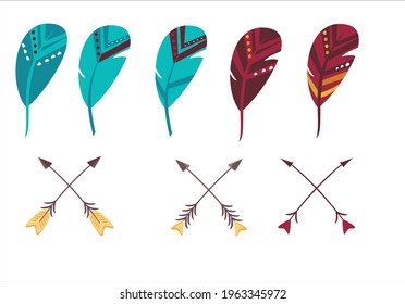 set of elements of native american feathers and arrows
