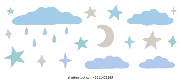 A set of elements of nature - clouds, stars, a crescent moon isolated on a white background. Vector hand-drawn illustration in a flat style. Perfect for decorations, logo, various designs.