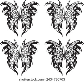 Set of elements Neo tribal tattoo butterfly shape modern acid graphic design clip art gothic flame emo goth 2000s Aesthetic style y2k wings ink black white aggressive line graphic ornamental doodle